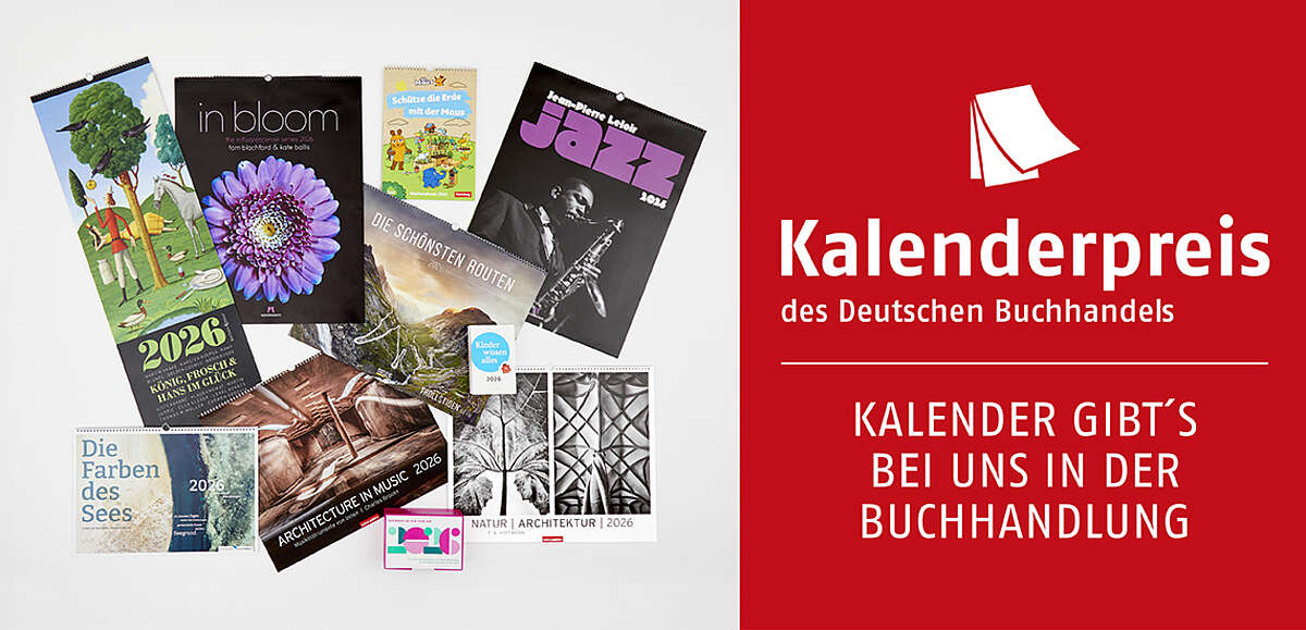 Webshop-Banner für den Kalenderpreis mit dem Slogan "Kalender gibt's bei uns in der Buchhandlung". Links sind zehn Kalender für 2025 abgebildet.