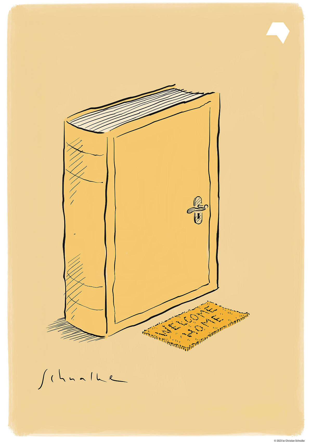 Zeichnung eines Buch mit Türgriff und einer Fußmatte mit dem Text "Welcome Home"