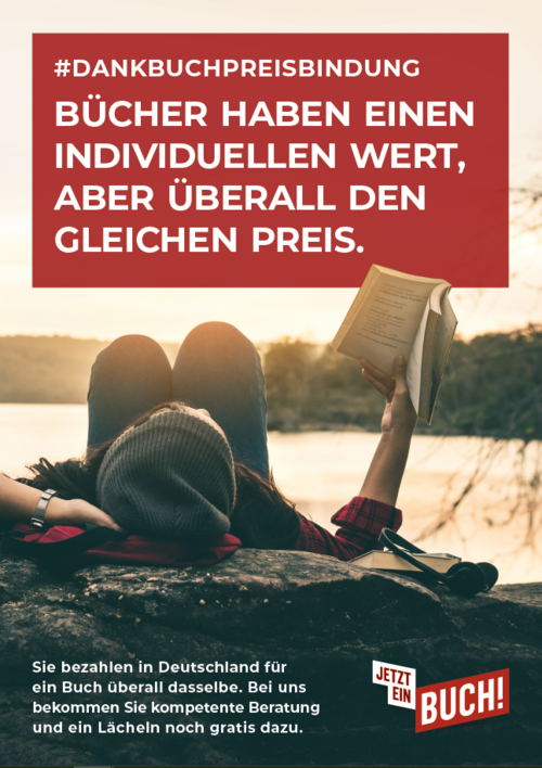 Plakat: Bücher haben einen individuellen Wert, aber überall den gleichen Preis. #DankBuchpreisbindung